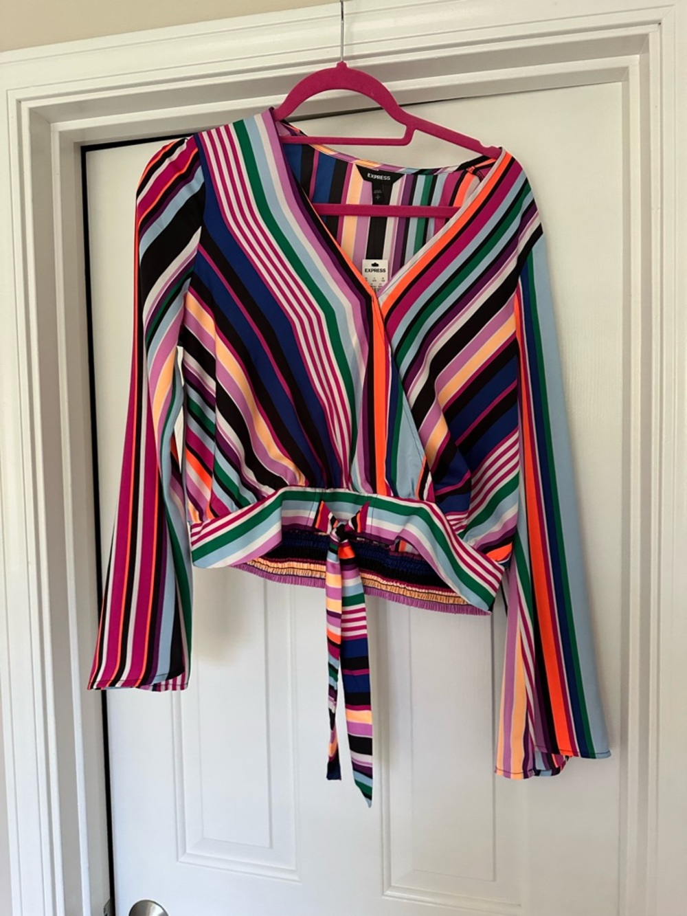 Express Striped V-Neck Tie-Front Blouse in Pink, Green, Blue & Black